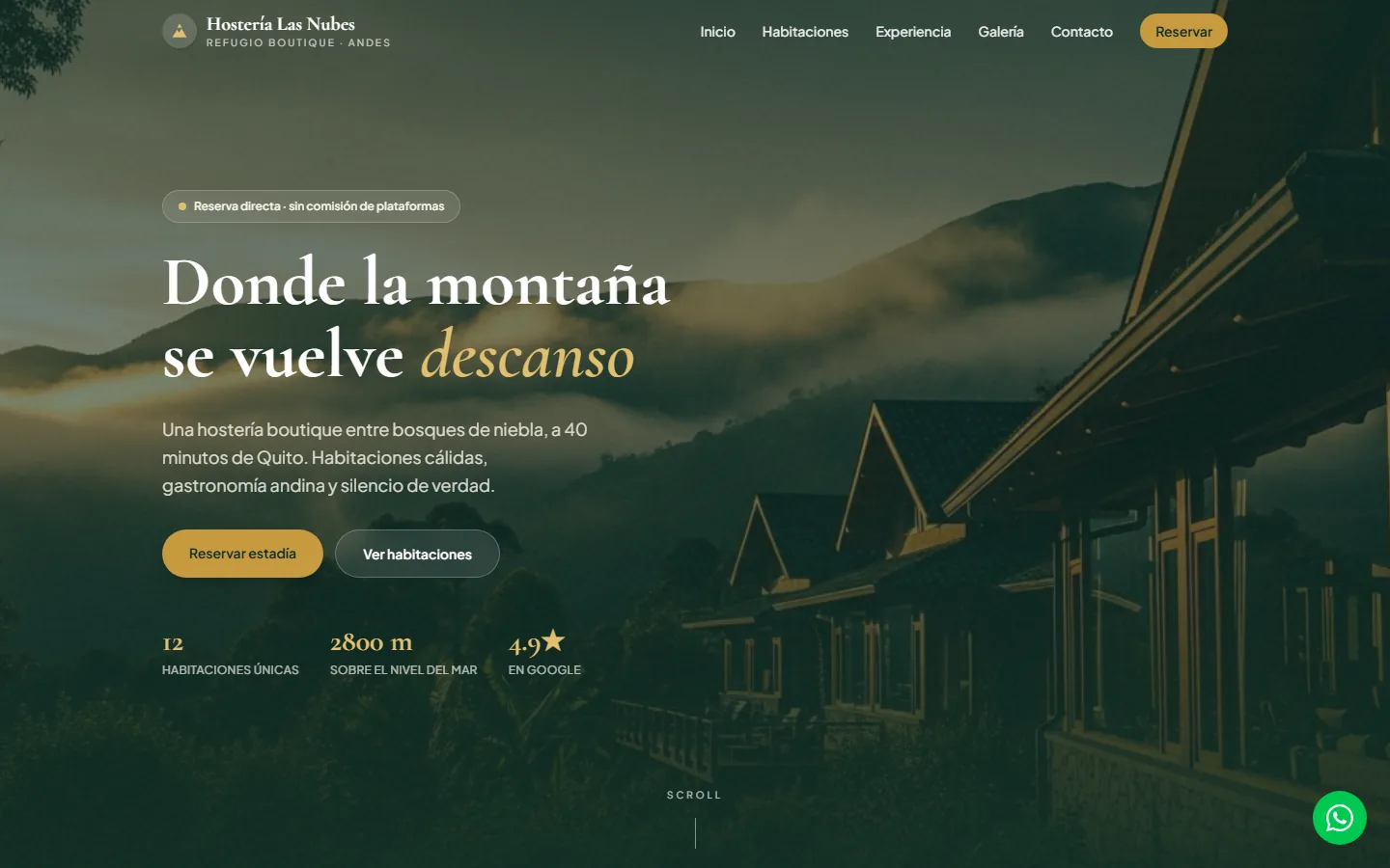 La web de Hostería Las Nubes vista en una computadora